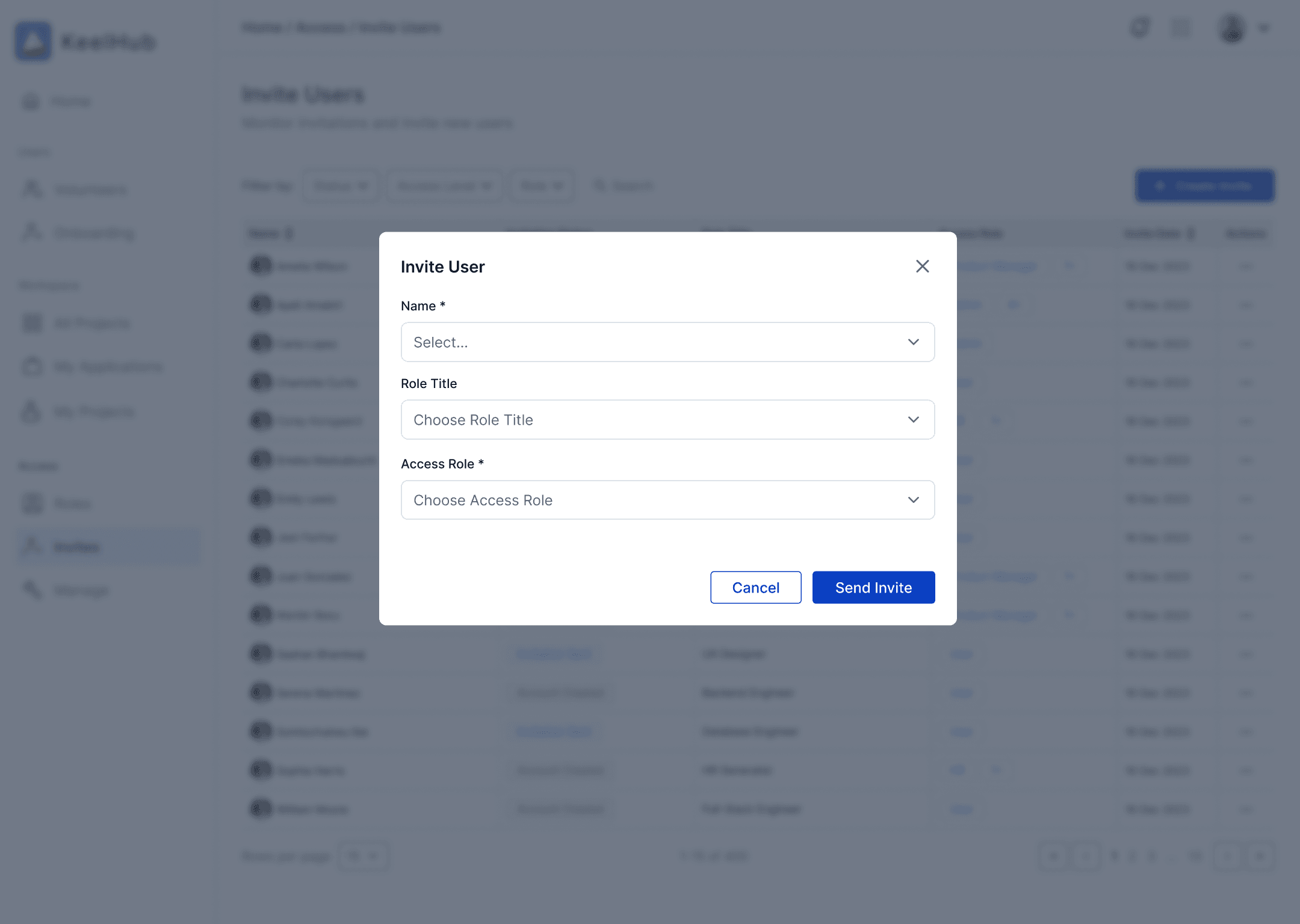 Figma design export of the invite user modal with name, role title, and access role fields.