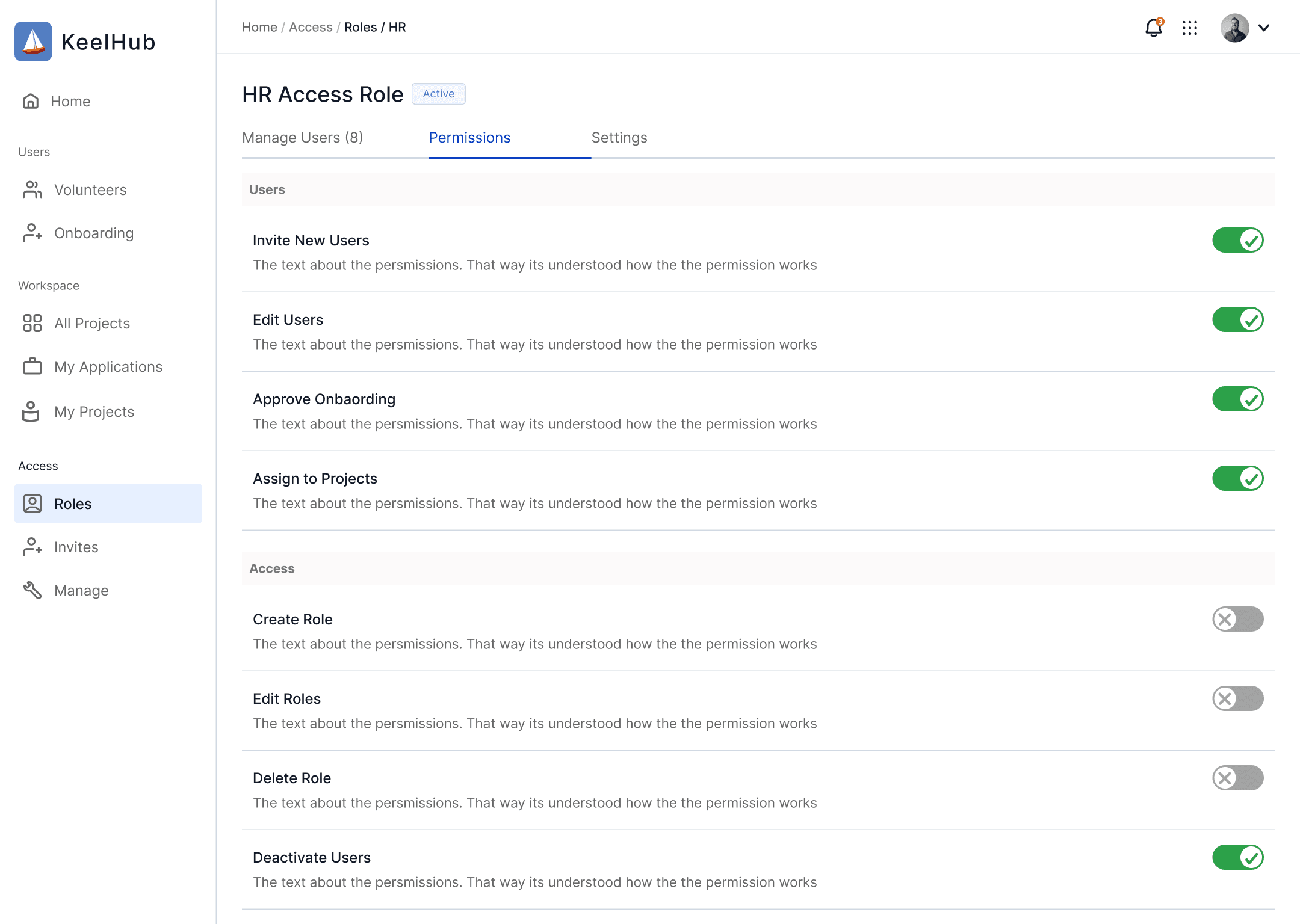 Figma design export of the HR access role permissions tab.