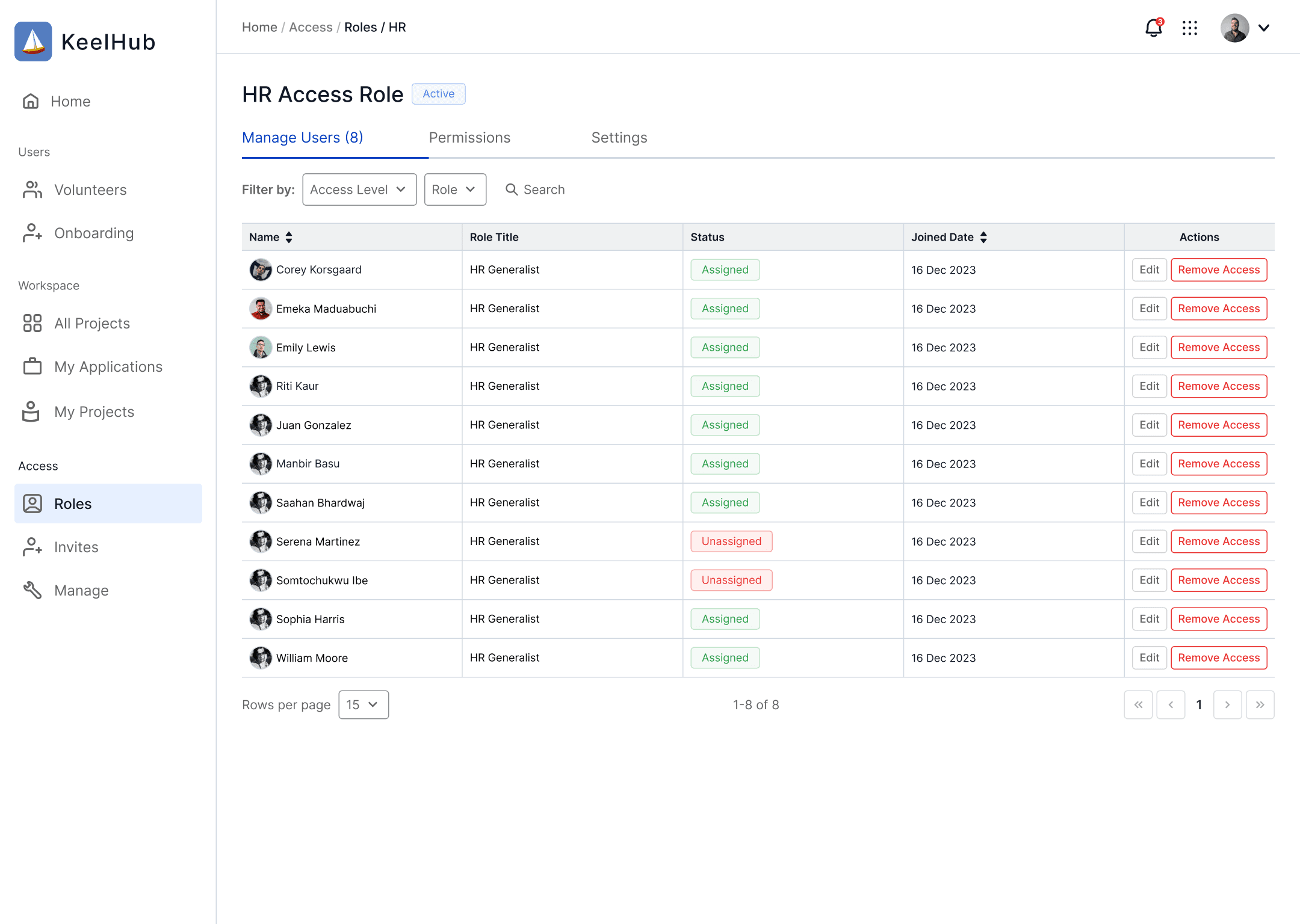 Figma design export of the HR access role users tab.